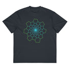 Fibonacci Sequence 1 cotton box t-shirt in Navy Blazer, front view: green and cyan spiral of cells on the chest