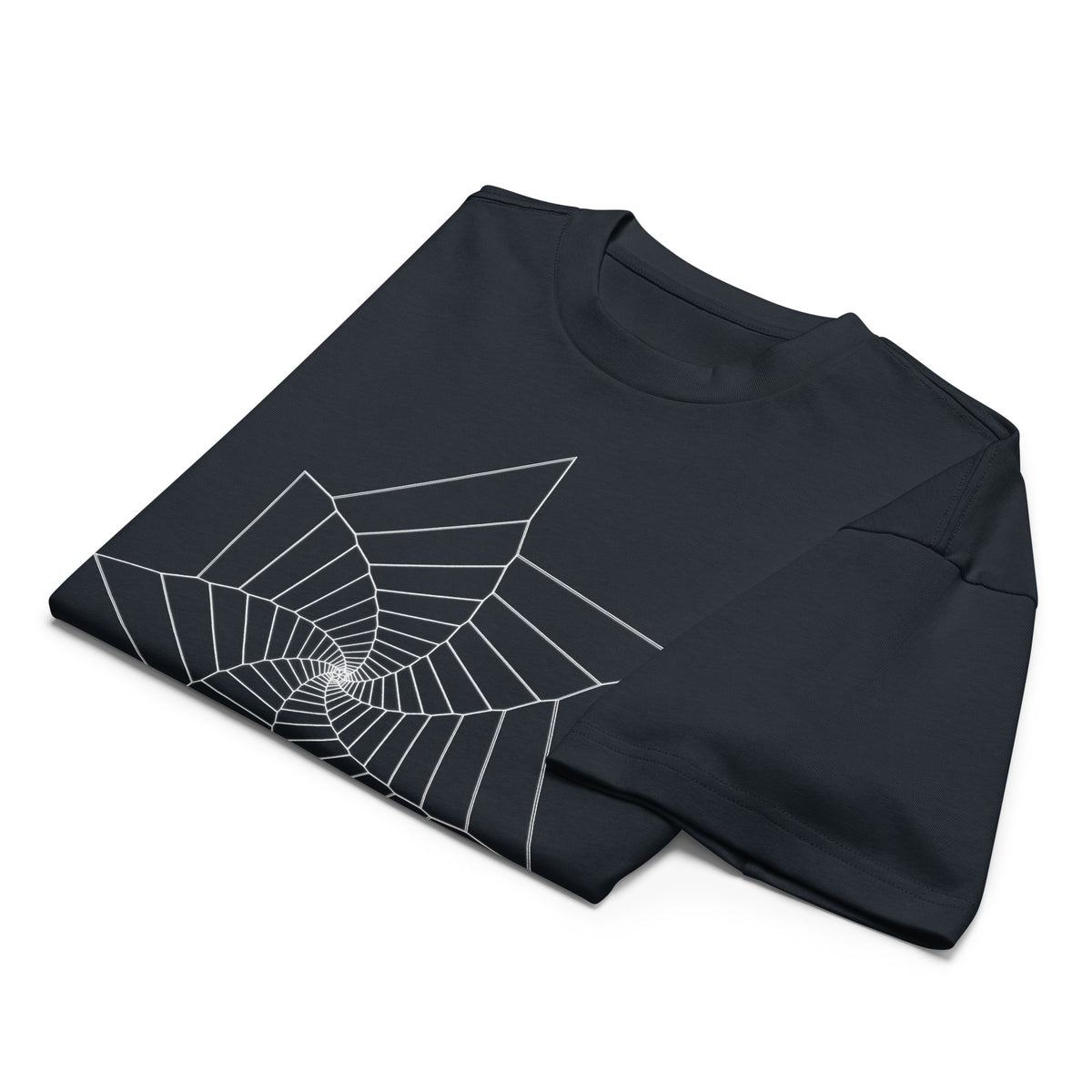 Fibonacci Sequence 2 B&W cotton box t-shirt in Navy Blazer, folded: white star-shaped spiral of lines
