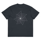 Fibonacci Sequence 2 B&W cotton box t-shirt in Navy Blazer, front view: white star-shaped spiral of lines on the chest