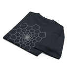 Fibonacci Sequence 1 B&W cotton box t-shirt in Navy Blazer, folded: white spiral of cells around a bright centre