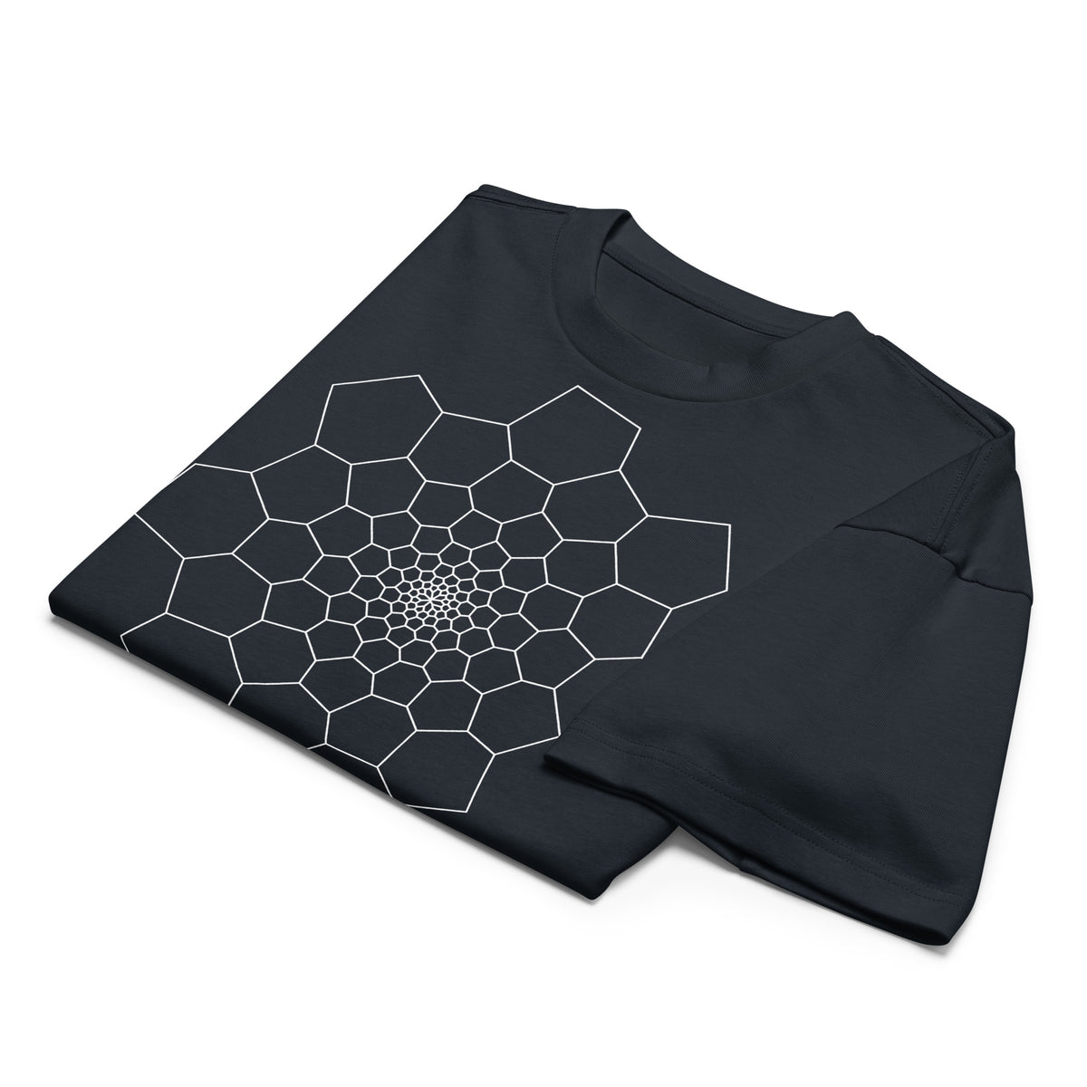 Fibonacci Sequence 1 B&W cotton box t-shirt in Navy Blazer, folded: white spiral of cells around a bright centre