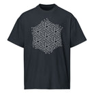 GeoTron B&W cotton box t-shirt in Navy Blazer, front view: white hexagon of interlocking chevrons on the chest