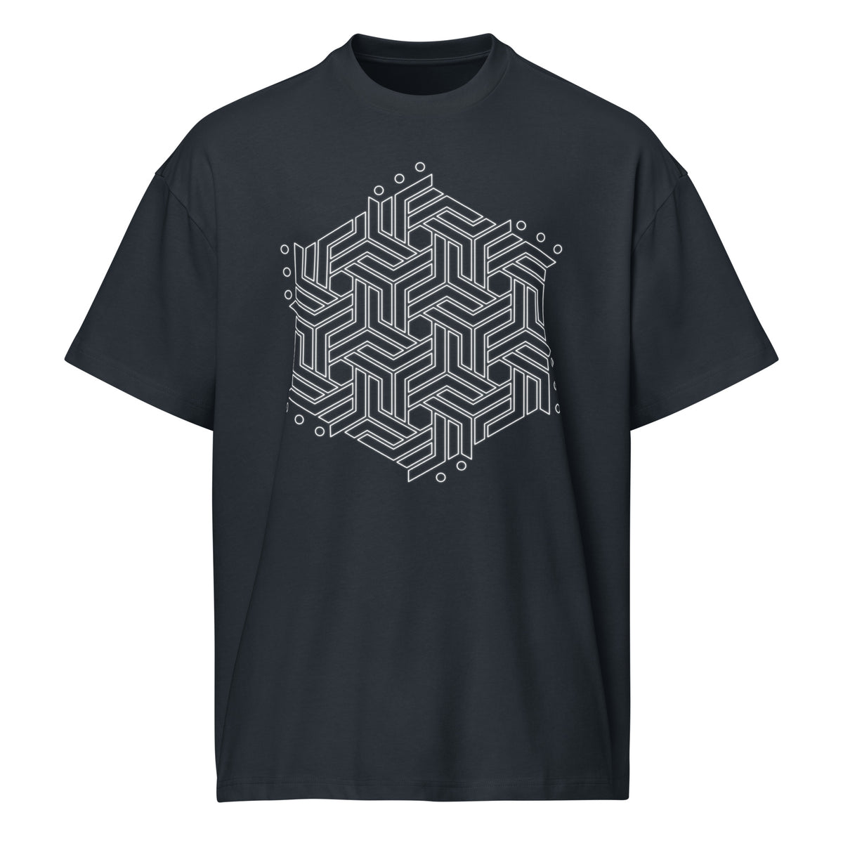 GeoTron B&W cotton box t-shirt in Navy Blazer, front view: white hexagon of interlocking chevrons on the chest