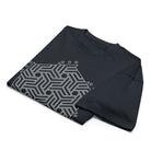 GeoTron B&W cotton box t-shirt in Navy Blazer, folded: white hexagon of interlocking chevrons