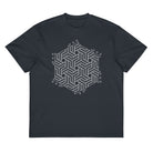 GeoTron B&W cotton box t-shirt in Navy Blazer, front view: white hexagon of interlocking chevrons on the chest