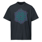 GeoTron Turquoise cotton box t-shirt in Navy Blazer, front view: turquoise chevron hexagon on the chest