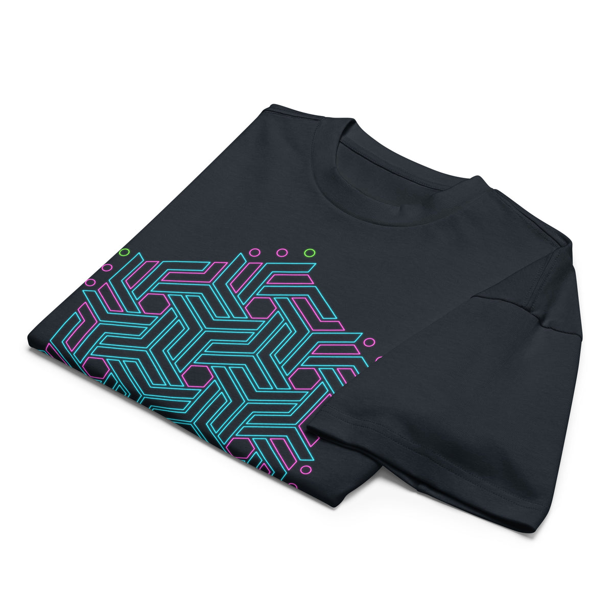 GeoTron Turquoise cotton box t-shirt in Navy Blazer, folded: turquoise and pink hexagon of interlocking chevrons