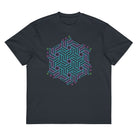 GeoTron Turquoise cotton box t-shirt in Navy Blazer, front view: turquoise chevron hexagon on the chest