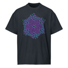 GeoTron Violet cotton box t-shirt in Navy Blazer, front view: violet and blue hexagon of interlocking chevrons on the chest