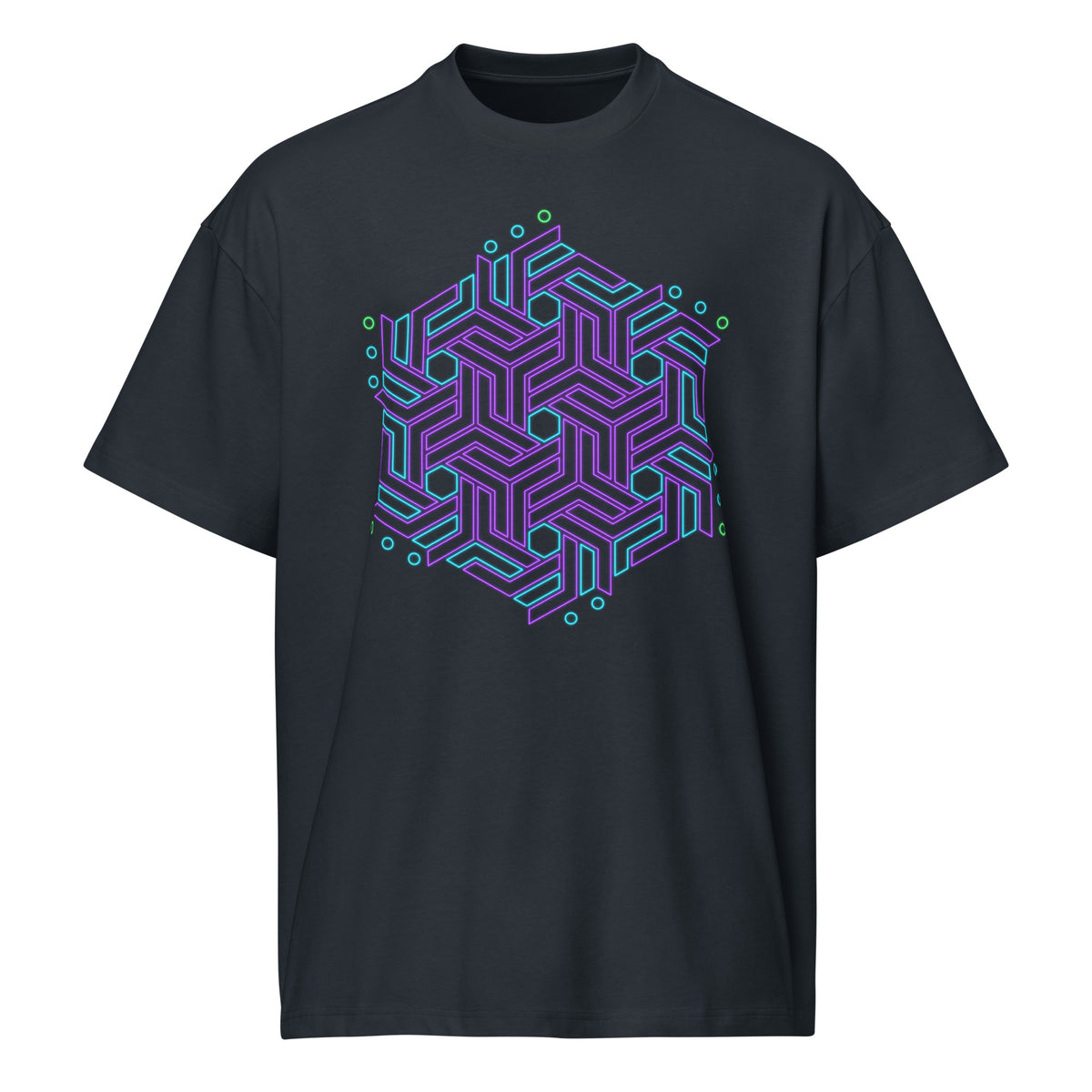 GeoTron Violet cotton box t-shirt in Navy Blazer, front view: violet and blue hexagon of interlocking chevrons on the chest