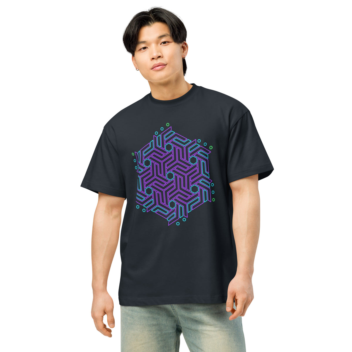 GeoTron Violet cotton box t-shirt in Navy Blazer, front view on a model: violet and blue hexagon of interlocking chevrons