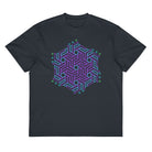 GeoTron Violet cotton box t-shirt in Navy Blazer, front view: violet and blue hexagon of interlocking chevrons on the chest