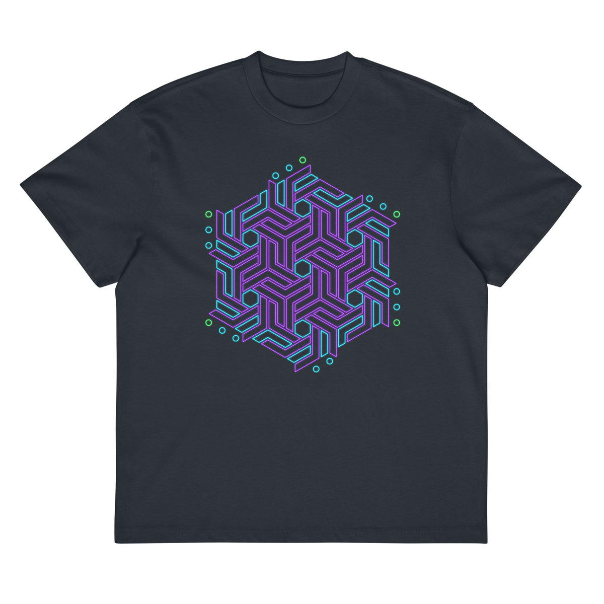 GeoTron Violet cotton box t-shirt in Navy Blazer, front view: violet and blue hexagon of interlocking chevrons on the chest