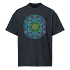 Neural Program Turquoise cotton box t-shirt in Navy Blazer, front view: green and turquoise mandala on the chest