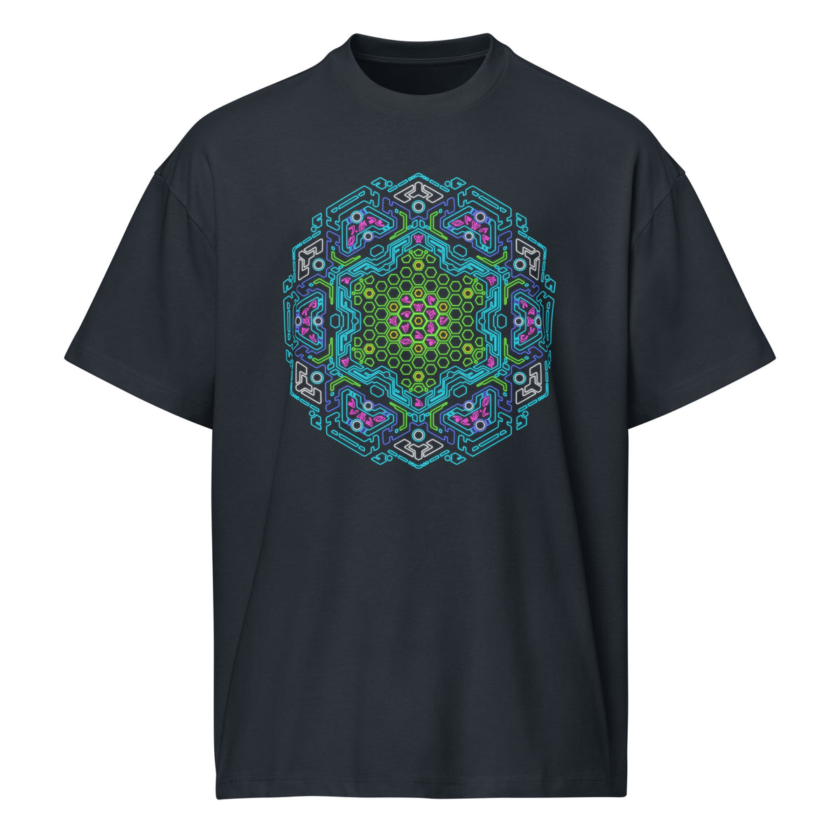 Neural Program Turquoise cotton box t-shirt in Navy Blazer, front view: green and turquoise mandala on the chest