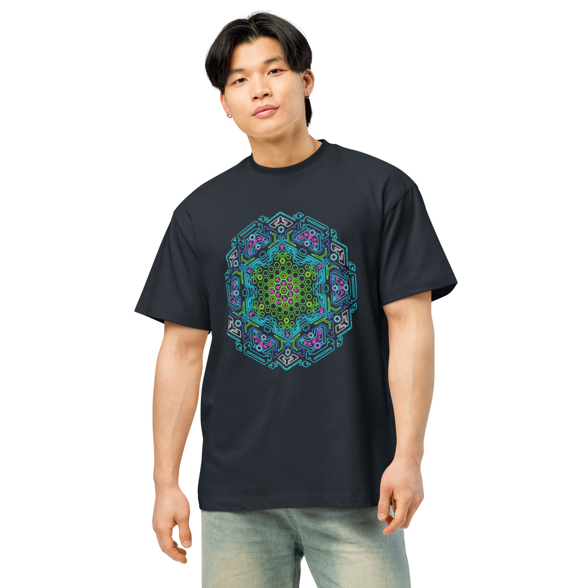 Neural Program Turquoise cotton box t-shirt in Navy Blazer, front view on a model: green and turquoise mandala