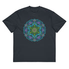 Neural Program Turquoise cotton box t-shirt in Navy Blazer, front view: green and turquoise mandala on the chest