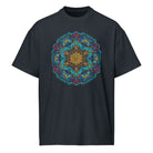 Neural Program Gold cotton box t-shirt in Navy Blazer, front view: gold and turquoise mandala on the chest