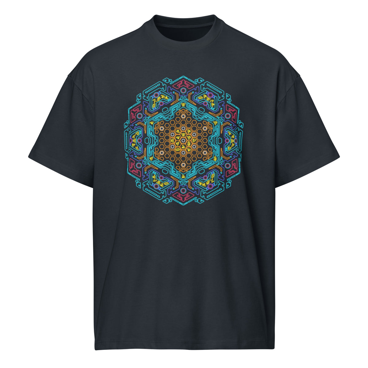 Neural Program Gold cotton box t-shirt in Navy Blazer, front view: gold and turquoise mandala on the chest