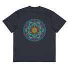 Neural Program Gold cotton box t-shirt in Navy Blazer, front view: gold and turquoise mandala on the chest