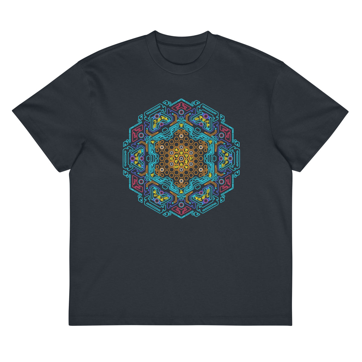 Neural Program Gold cotton box t-shirt in Navy Blazer, front view: gold and turquoise mandala on the chest