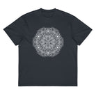 Stargate Origin B&W cotton box t-shirt in Navy Blazer, front view: round white mandala on the chest