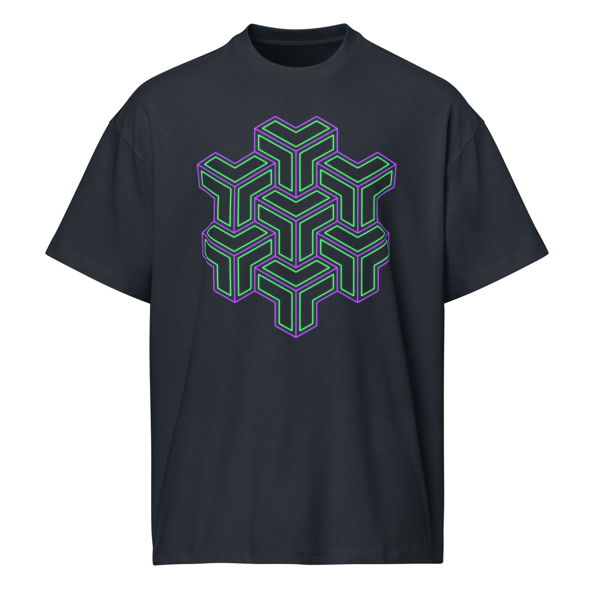 TreeStar cotton box t-shirt in Navy Blazer, front view: green and violet Y-shaped blocks stacked like cubes on the chest