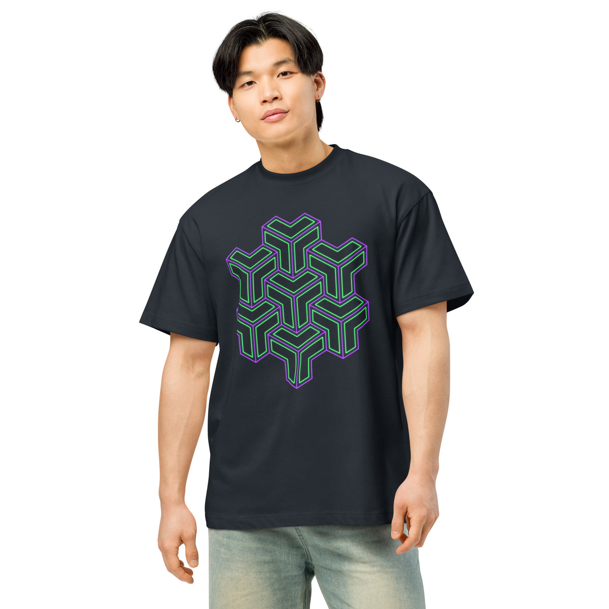 TreeStar cotton box t-shirt in Navy Blazer, front view on a model: green and violet Y-shaped blocks stacked like cubes