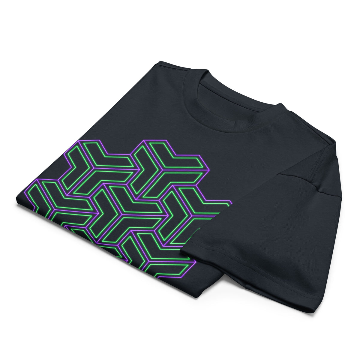 TreeStar cotton box t-shirt in Navy Blazer, folded: green and violet Y-shaped blocks stacked like cubes