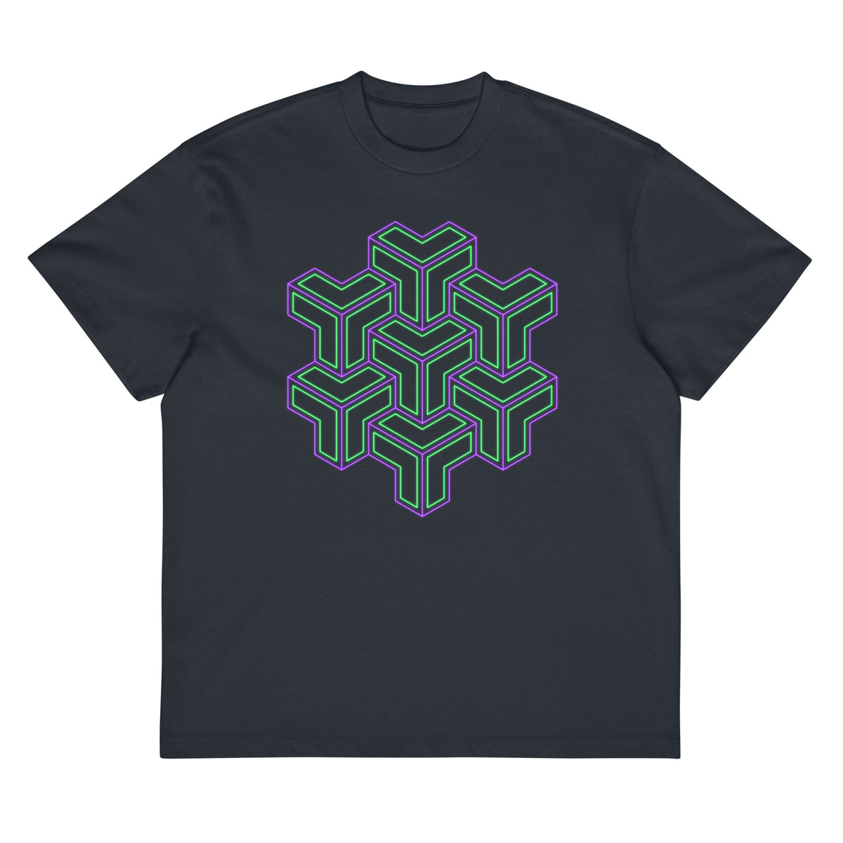 TreeStar cotton box t-shirt in Navy Blazer, front view: green and violet Y-shaped blocks stacked like cubes on the chest