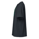 Hexa cotton box t-shirt in Navy Blazer, left side view: plain sleeve, edge of the green front print