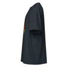 Fractal Triangle Rainbow cotton box t-shirt in Navy Blazer, left side view: plain sleeve, edge of the front print