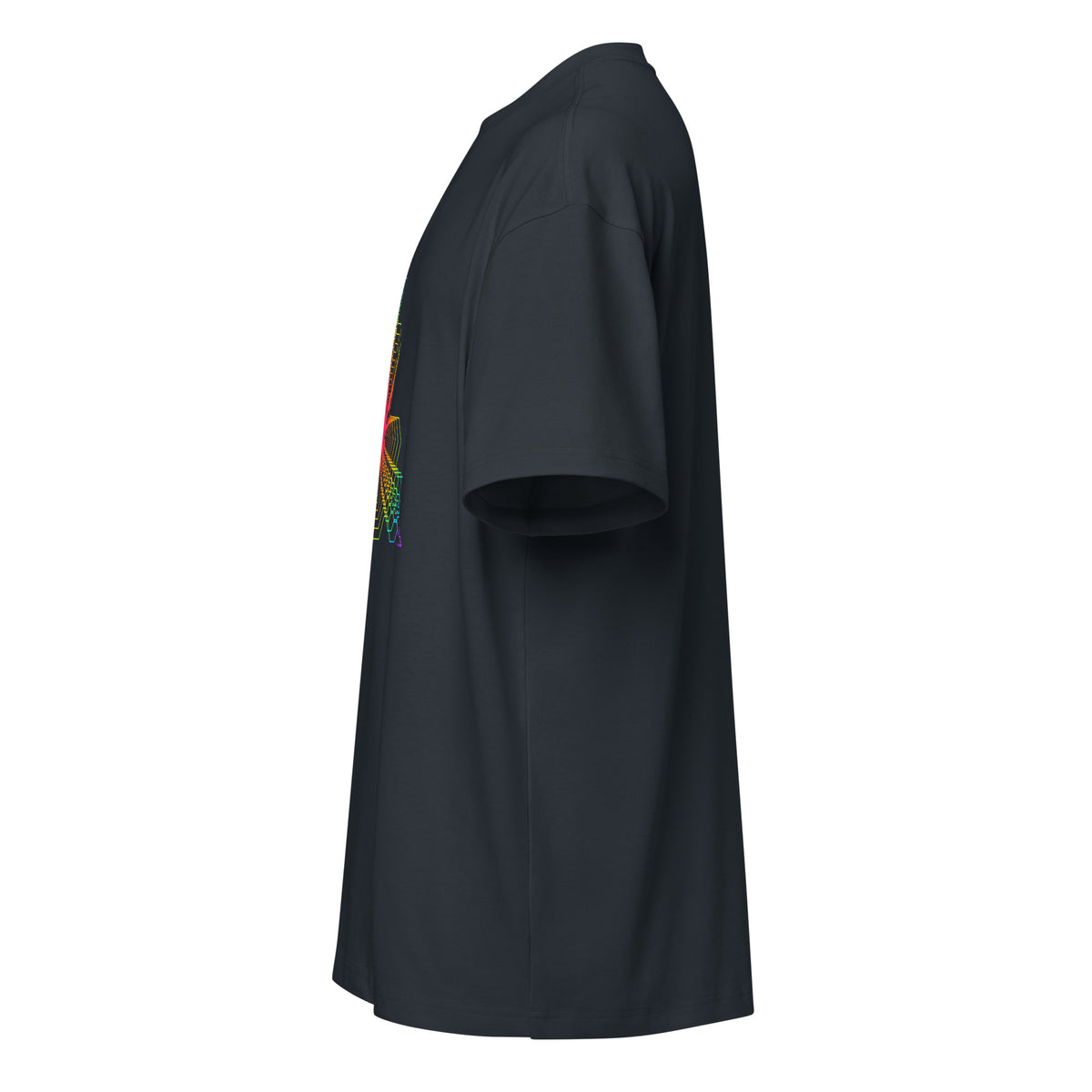 Fractal Triangle Rainbow cotton box t-shirt in Navy Blazer, left side view: plain sleeve, edge of the front print