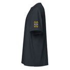 Owl embroidered box tee in Navy Blazer, left side: two yellow stepped zigzags and two white diamonds on the sleeve