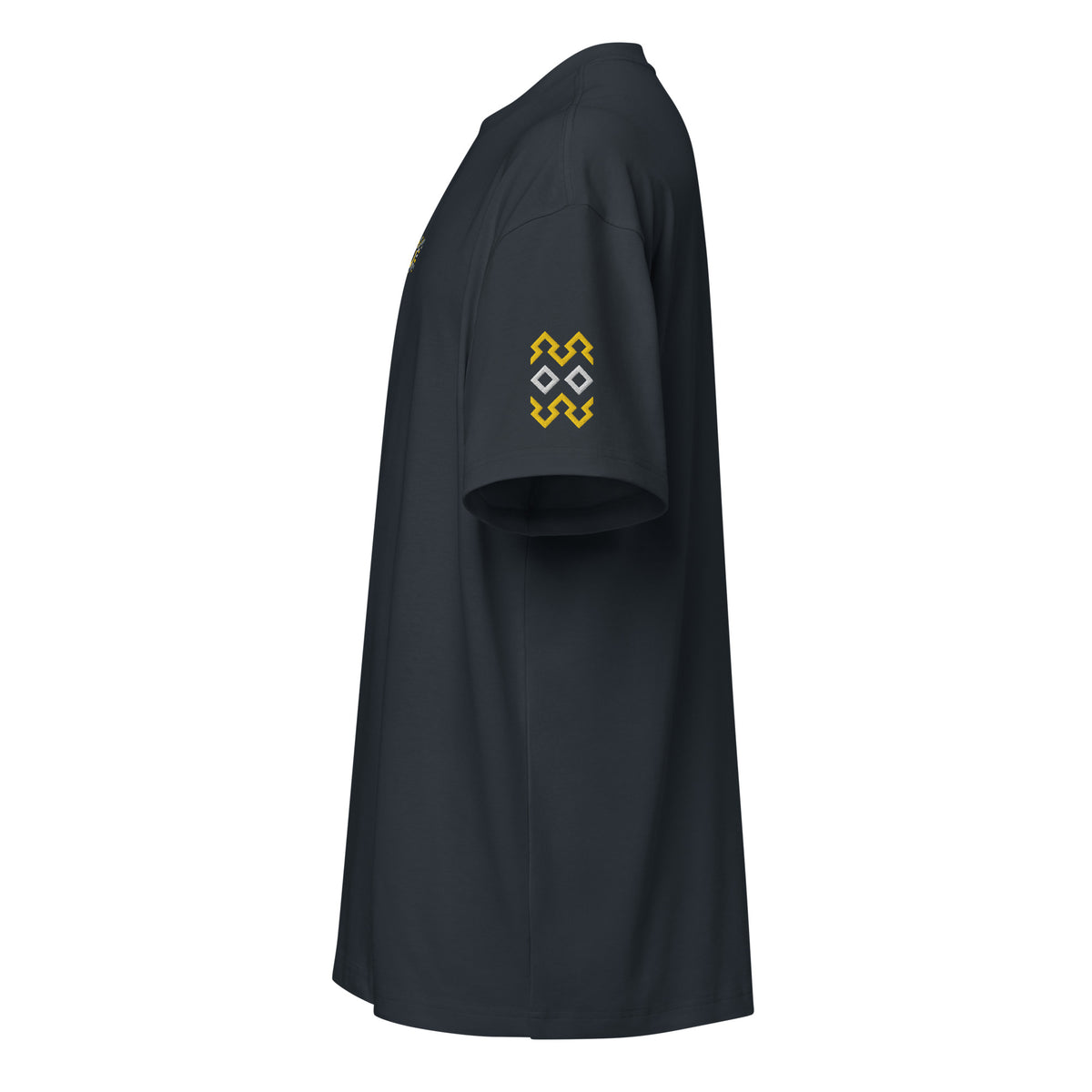 Owl embroidered box tee in Navy Blazer, left side: two yellow stepped zigzags and two white diamonds on the sleeve