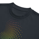 Birth cotton box t-shirt in Navy Blazer, detail: ribbed collar and the red, orange and yellow top of the hexagon field