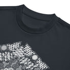 GeoMaster B&W cotton box t-shirt in Navy Blazer, detail: ribbed collar and white cubes, hexagon cells and line medallions