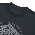 Life of a Flower B&W cotton box t-shirt in Navy Blazer, detail: ribbed collar above white arcs and small triangles