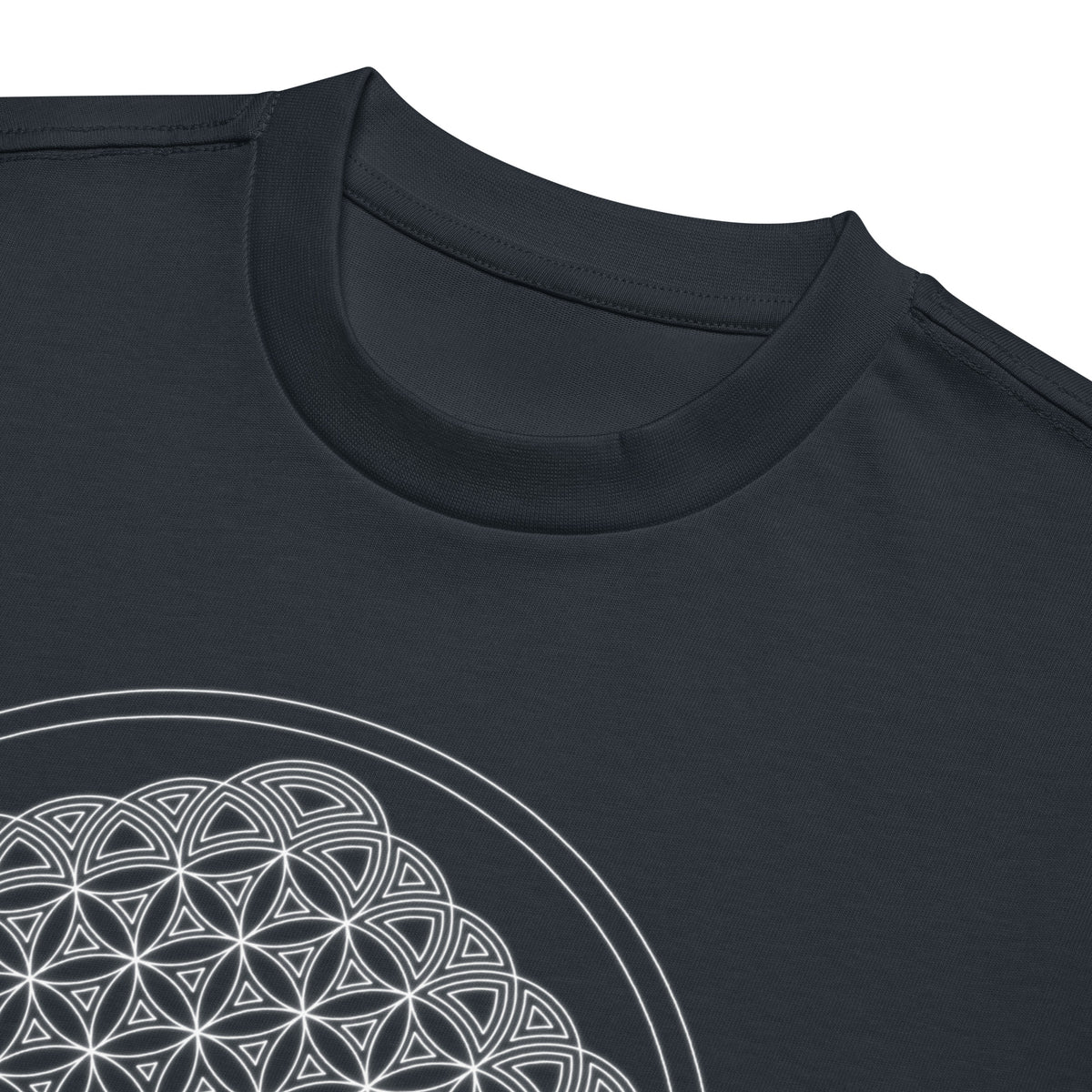 Life of a Flower B&W cotton box t-shirt in Navy Blazer, detail: ribbed collar above white arcs and small triangles