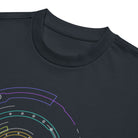 Hex Core Rainbow cotton box t-shirt in Navy Blazer, detail: ribbed collar above violet, turquoise and white arcs