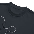 Metaball B&W cotton box t-shirt in Navy Blazer, detail: ribbed collar above the large upper lobes of the white line