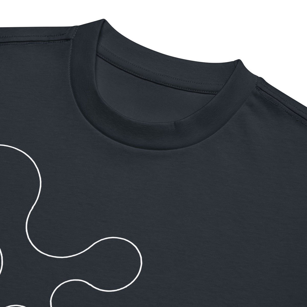 Metaball B&W cotton box t-shirt in Navy Blazer, detail: ribbed collar above the large upper lobes of the white line