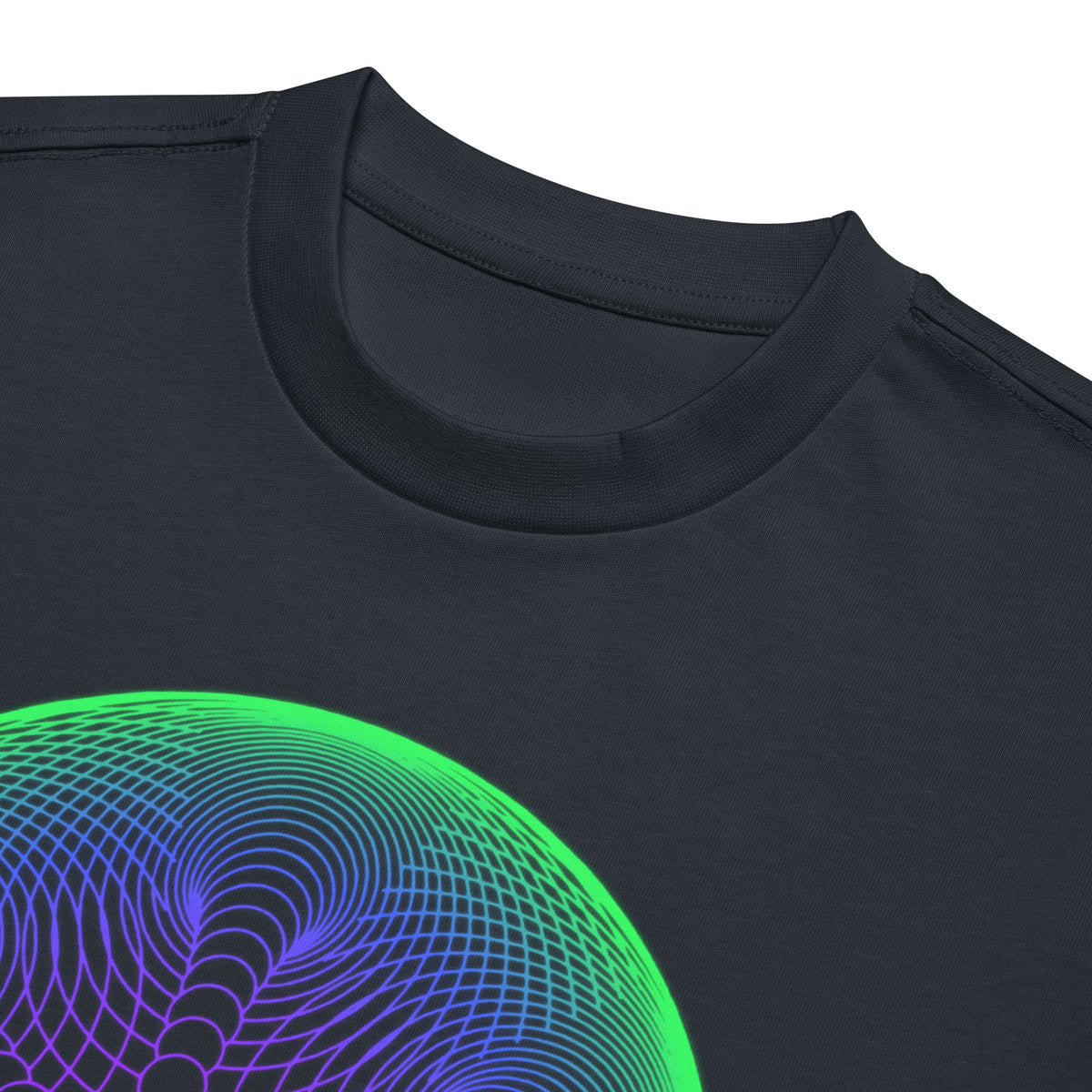 Star Weave cotton box t-shirt in Navy Blazer, detail: ribbed collar above the green rim and blue line circles