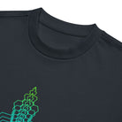 Fractal Triangle cotton box t-shirt in Navy Blazer, detail: ribbed collar above stepped hexagons, turquoise to lime green