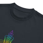 Fractal Triangle Rainbow cotton box t-shirt in Navy Blazer, detail: ribbed collar above the violet and blue hexagon tip