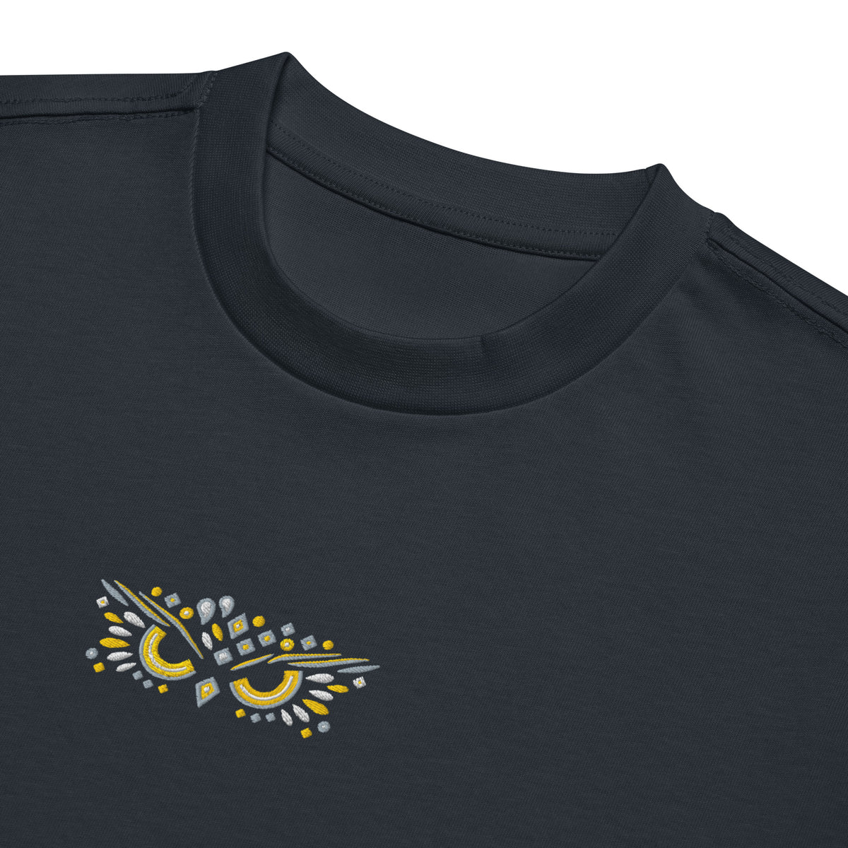 Owl embroidered box tee in Navy Blazer, detail: ribbed collar and owl face, yellow eyes, slanted brows, diamond beak