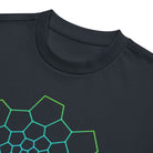 Fibonacci Sequence 1 cotton box t-shirt in Navy Blazer, close-up at the collar: green and cyan spiral of cells