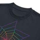 Fibonacci Sequence 2 Rainbow cotton box t-shirt in Navy Blazer, close-up at the collar: rainbow star spiral