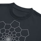 Fibonacci Sequence 1 B&W cotton box t-shirt in Navy Blazer, close-up at the collar: white spiral of cells