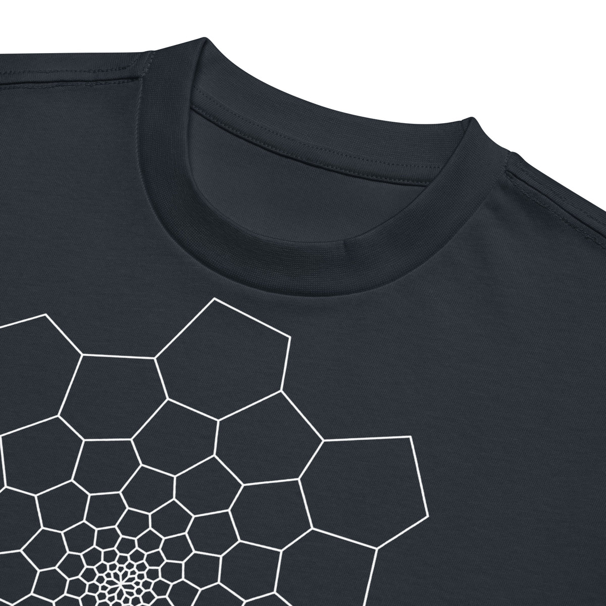 Fibonacci Sequence 1 B&W cotton box t-shirt in Navy Blazer, close-up at the collar: white spiral of cells